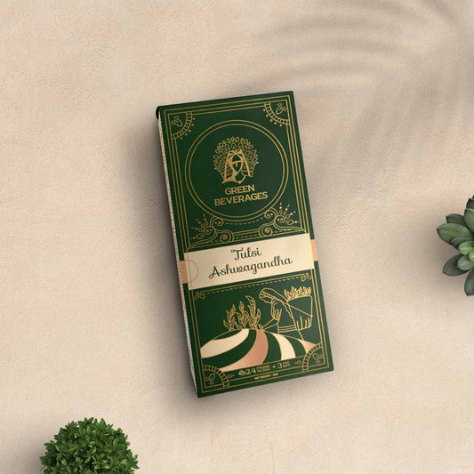 Ashwagandha Tulsi Green tea box by Green Beverages.