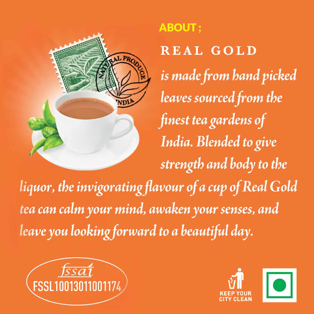 The image depicts about Real Gold Premium Tea. With written text saying 'the blend is made from hand picked leaves from the finest tea gardens.'