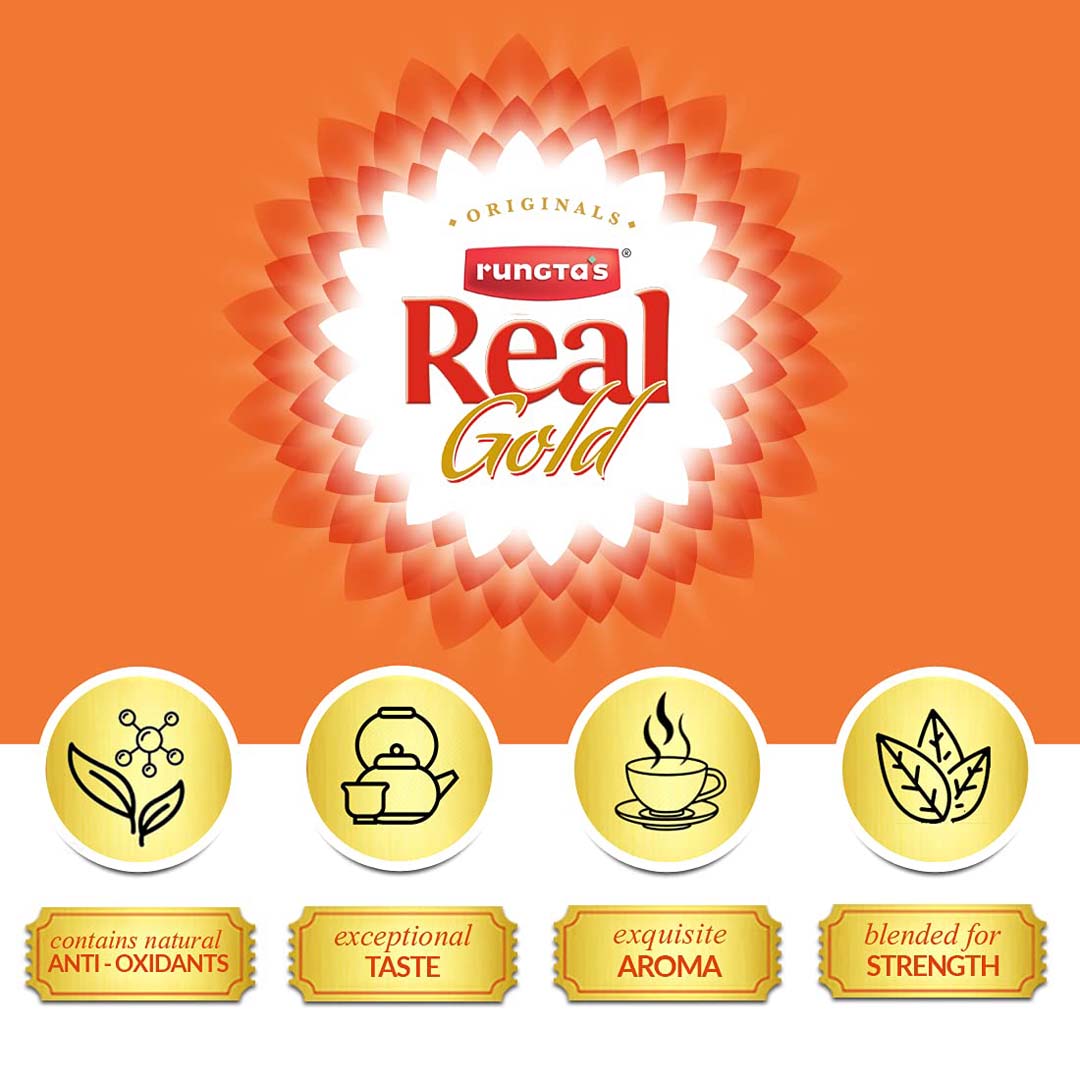 The image shows features of Real Gold Premium Tea Powder. The features are natural antioxidants, exceptional taste, exquisite aroma, and strong blend for strength.