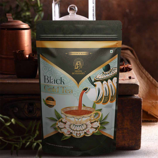 Green Beverages Black Gold Assam Tea packaging featuring a kitchen in the background