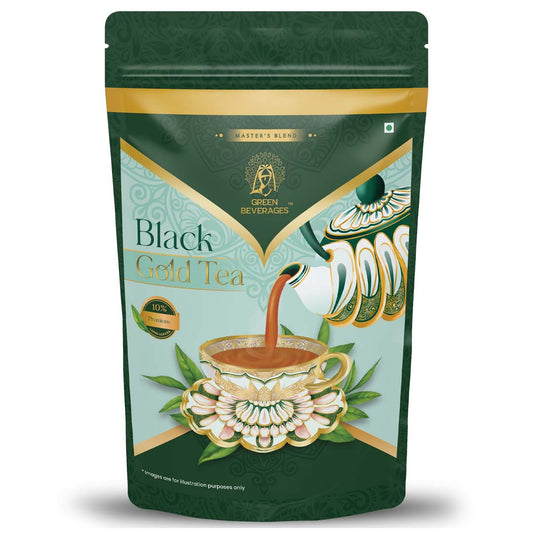 Green Beverages Black Gold Assam Tea packaging with teapot pouring premium black tea into a floral teacup, luxury tea blend in green and gold design.