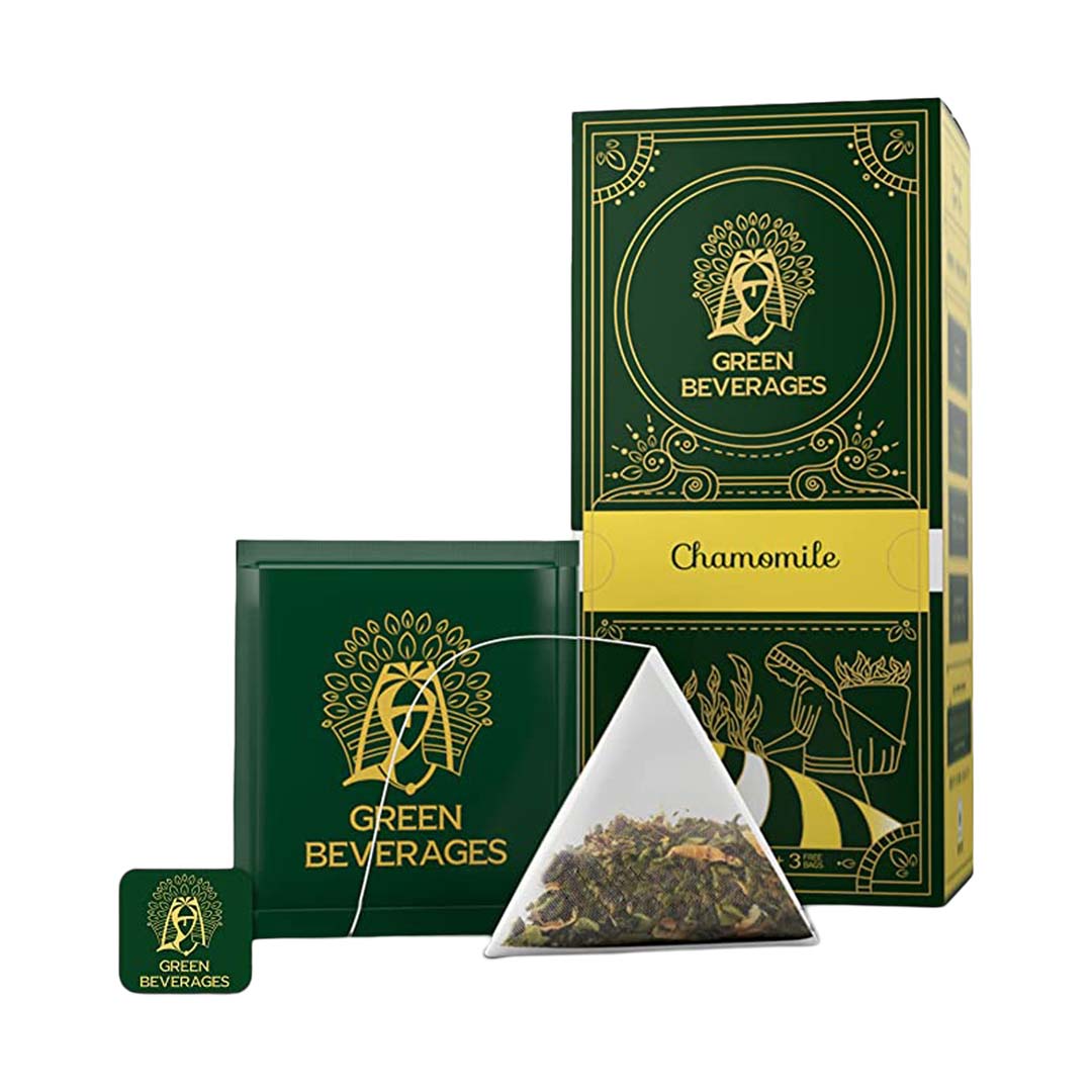 Green Beverages tea box with chamomile green tea and a pyramid green tea bag.