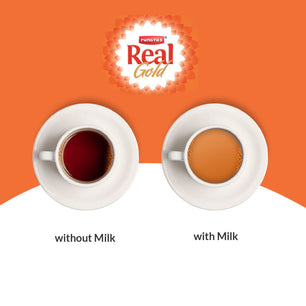 The image features two teacups showing the tea's natural colors when used with and without milk.