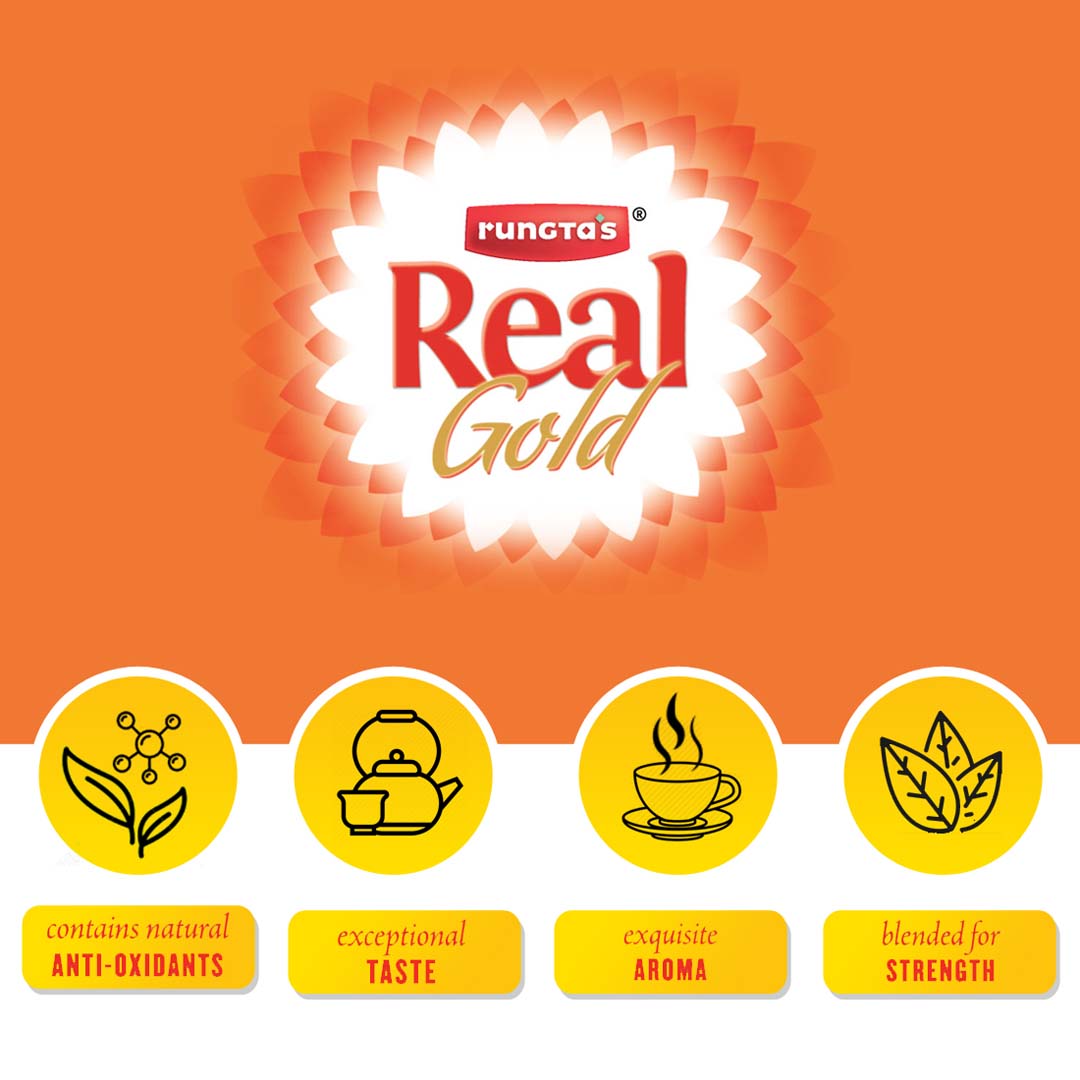 The image features a teacup, a teapot, tea leaves, and a molecular structure, symbolizing the tea's natural antioxidants, exceptional taste, exquisite aroma, and strong blend.