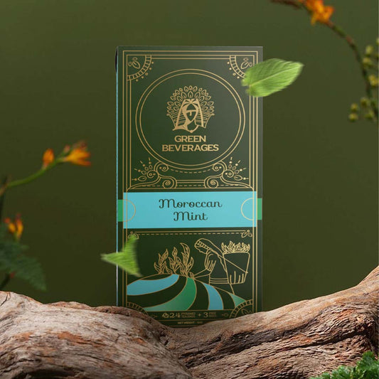 Green Beverages packaging showcasing green mint  tea, emphasizing the refreshing benefits of mint tea for health enthusiasts.