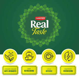 Rungta's Real Taste Elaichi tea brand logo with key features: natural antioxidants, refreshing taste, intense color, and an energizing experience.