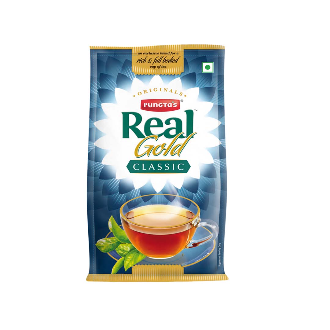 Rungta's Real Gold Classic Blended Darjeeling Tea packet, a premium blend for a rich and full-bodied cup of tea. The packaging features a blue and gold design with the brand logo and the product name.