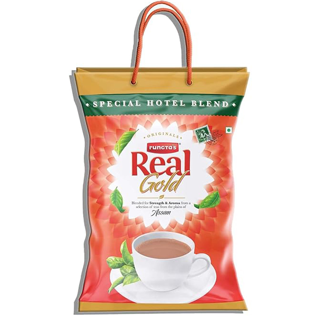 A red tea pouch with a handle, labeled "Rungta's Real Gold Special Hotel Blend." The pouch features the brand logo and the phrase "Blended for Strength & Aroma from a selection of teas from the plains of Assam. Specially curated tea powder for hotel's.