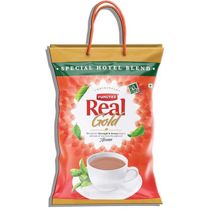 A red tea pouch with a handle, labeled 