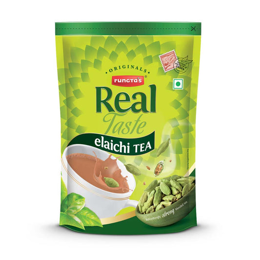 A green pouch of Rungta's Real Taste Elaichi tea. The pouch features a cardamom illustration. Offers strong blended tea with cardamom.