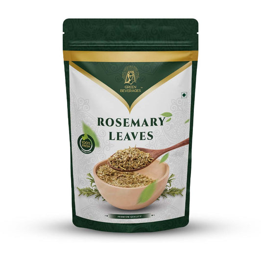 A green pouch containing dried rosemary leaves. The pouch has a gold border and features a rosemary sprig illustration. The text on the pouch reads "Green Beverages," "Rosemary Leaves," "100% Natural," and "Premium Quality.