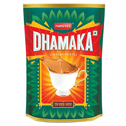 A green tea packet with the brand name "Rungta's Dhamaka" and the phrase "Strong Blended Tea" in English and Hindi. The image depicts a steaming cup of tea and has a vibrant orange and green color scheme.