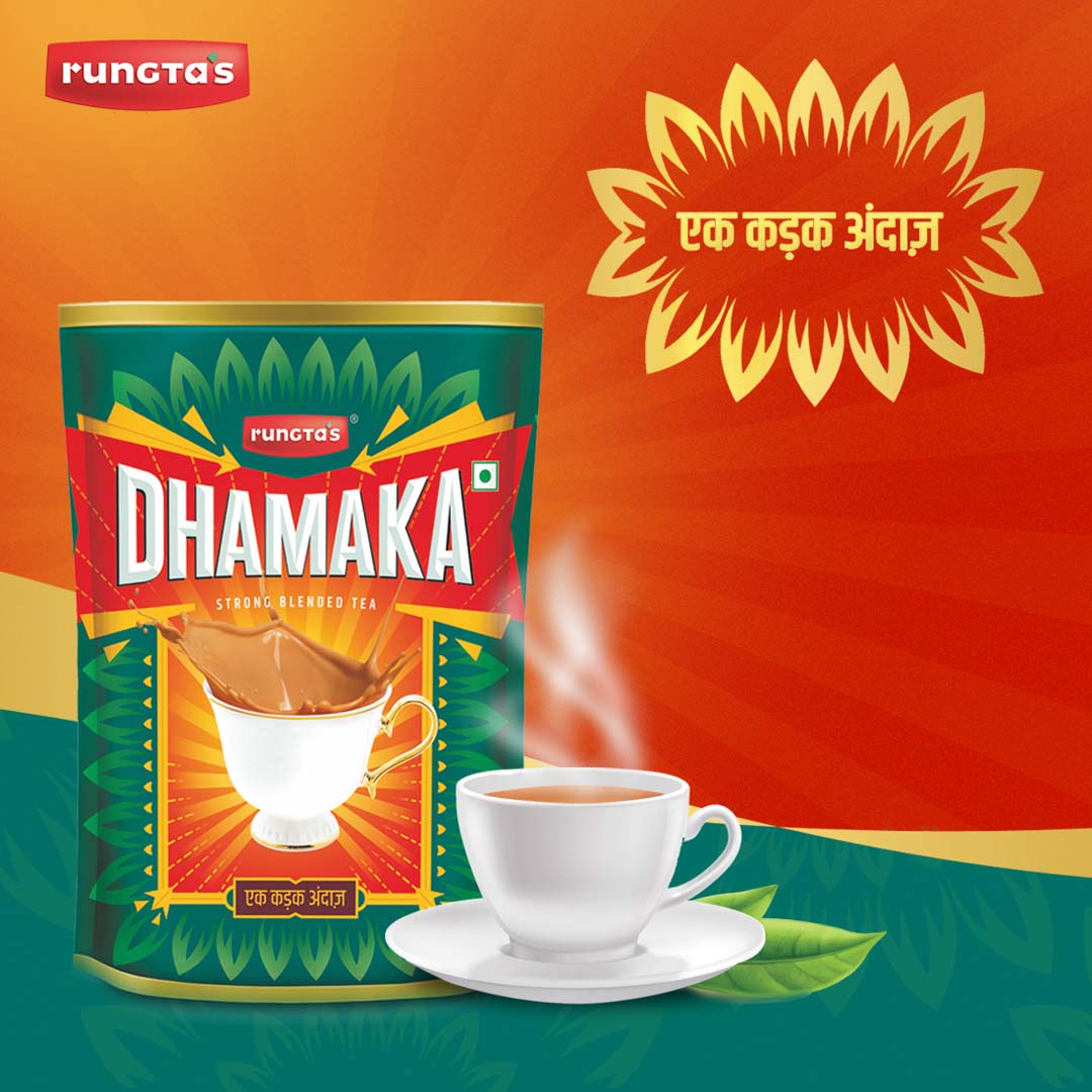 A green tea packet with the brand name "Rungta's Dhamaka" and the phrase "Strong Blended Tea". The image depicts a steaming cup of tea filled with Chai Patti.