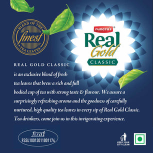 Rungta's Real Gold Classic tea variant, described as an exclusive blend of Pure Assam and Darjeeling tea leaves.