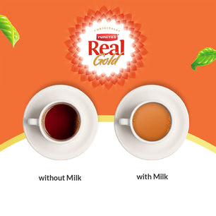 Rungta's real gold premium tea powder showcasing tea colors with milk and without milk. 