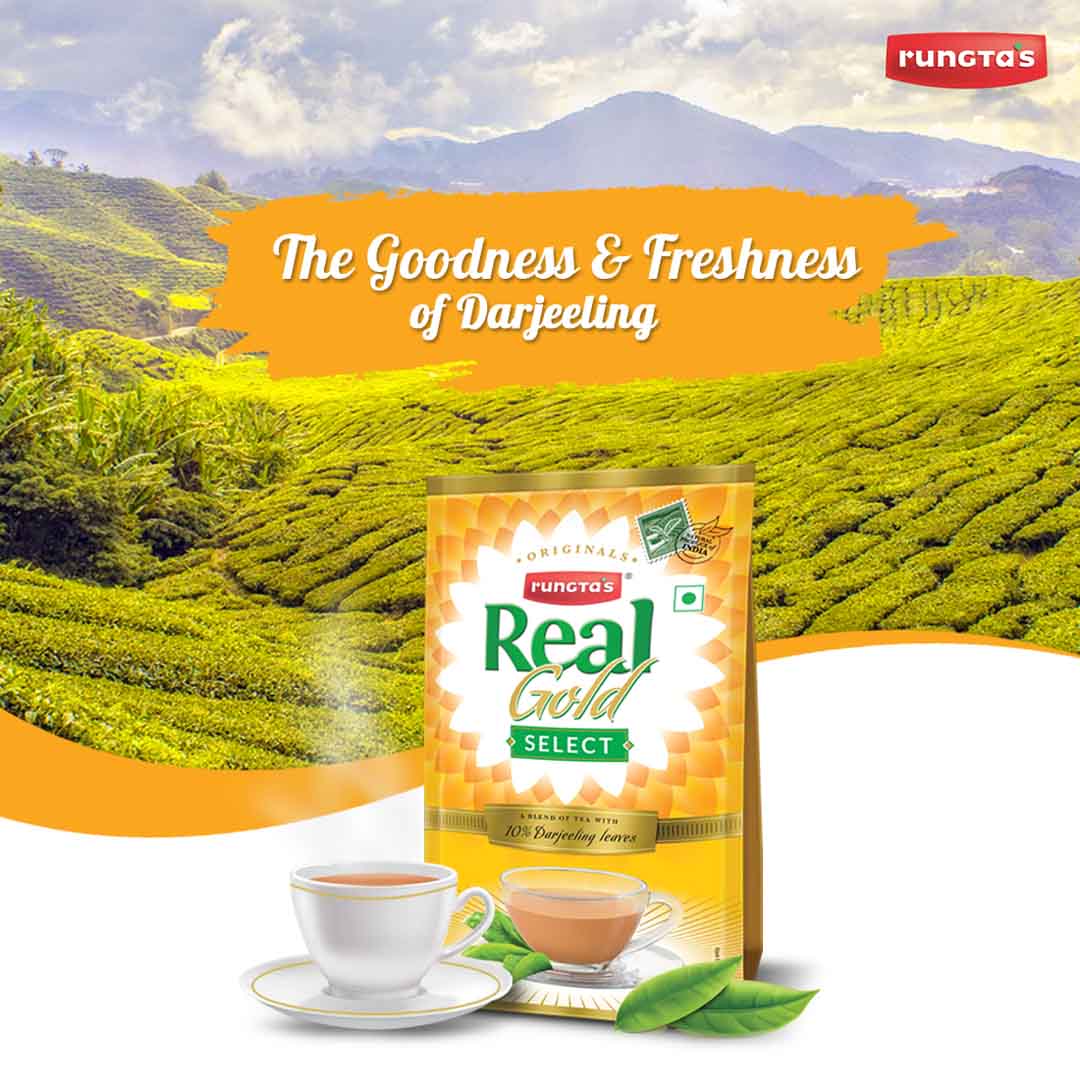 Rungta's Real Gold Select tea, a premium blend with 10% Darjeeling leaves, showcased against a picturesque Darjeeling tea garden backdrop.