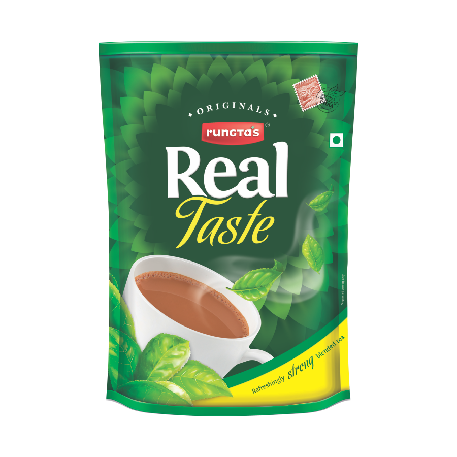 Packaging of Rungta's Real Taste tea with a cup of tea and green tea leaves, highlighting refreshingly strong blended tea.