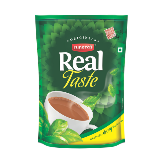 Packaging of Rungta's Real Taste tea with a cup of tea and green tea leaves, highlighting refreshingly strong blended tea.